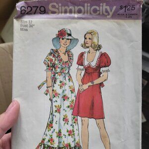 VTG 1974 Simplicity #6279 Cottage Core Prairie Dress Sewing Pattern Size 12 CUT